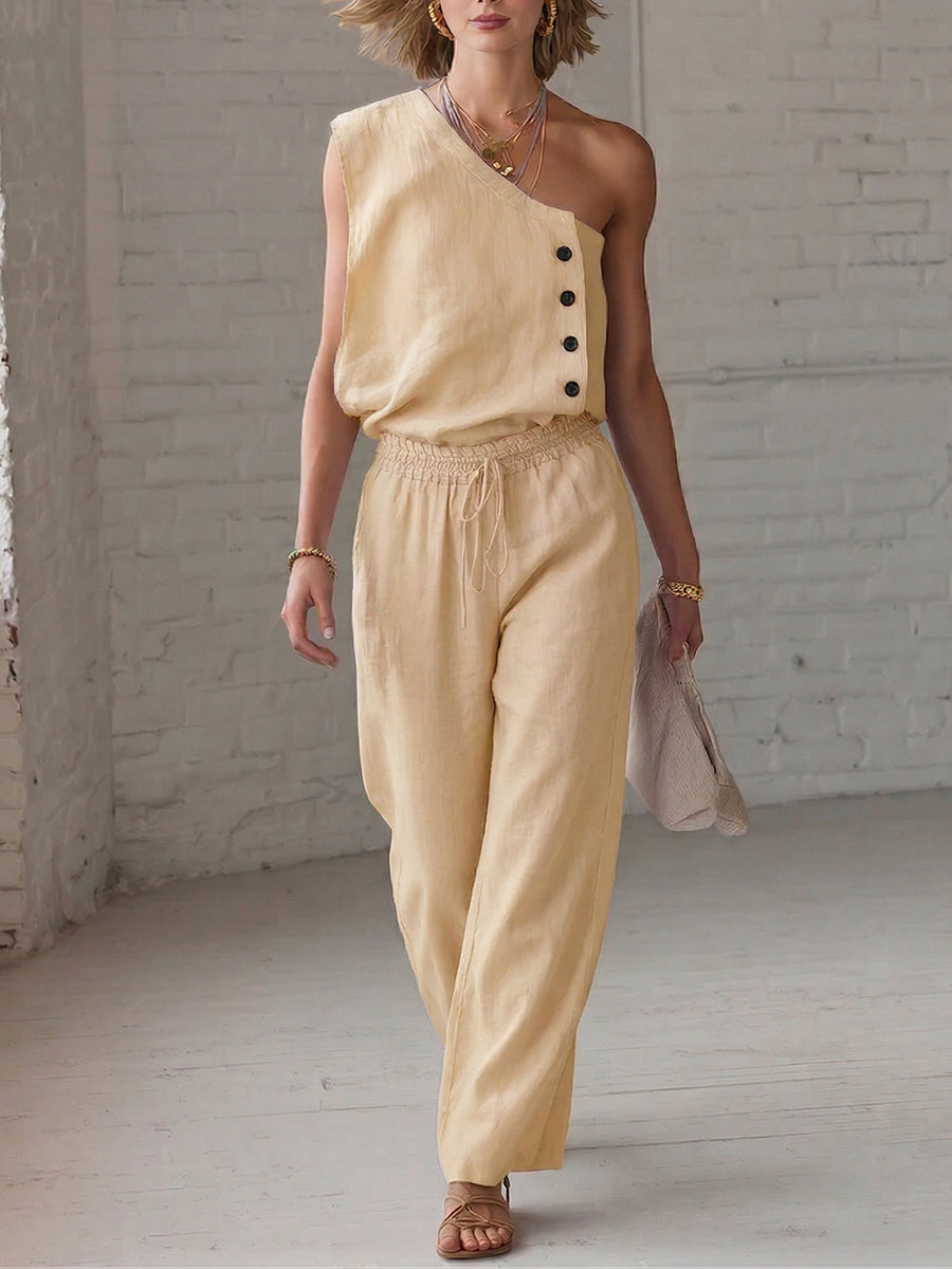 Stylish Off-shoulder Shirt And Wide-leg Pants Cotton-linen Two-piece Set