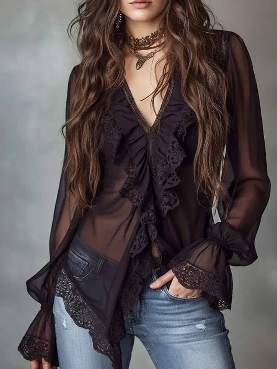 Women's Lace Ruffle Sheer Chiffon Blouse