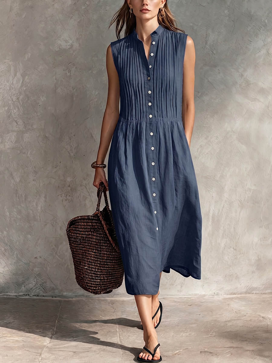 Women's Solid-color Stand-collar Sleeveless Casual Loose Cotton-linen Pleated Dress