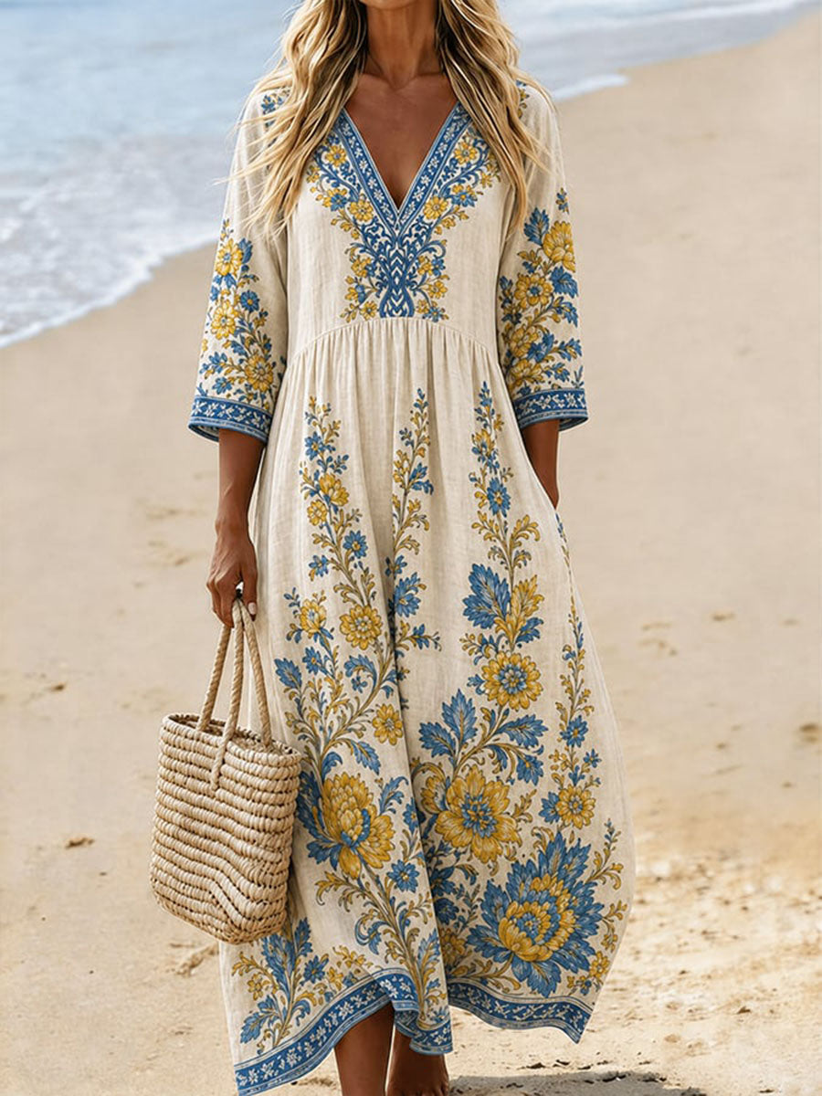 Women's Embroidered Pattern Print Casual V-neck Cotton-linen Dress