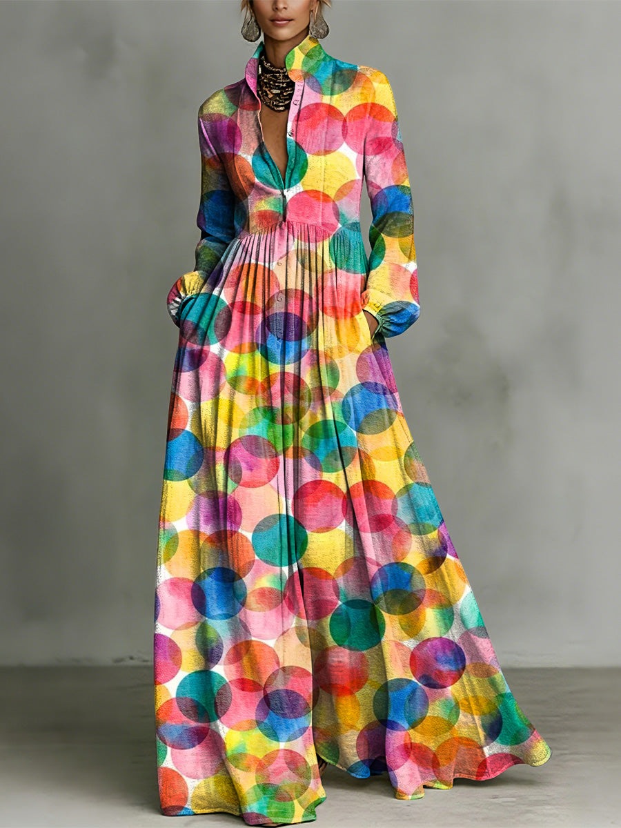 Vibrant Colorful Polka-dot Decorative Pattern Women's Long Sleeve Shirt Collar Dress