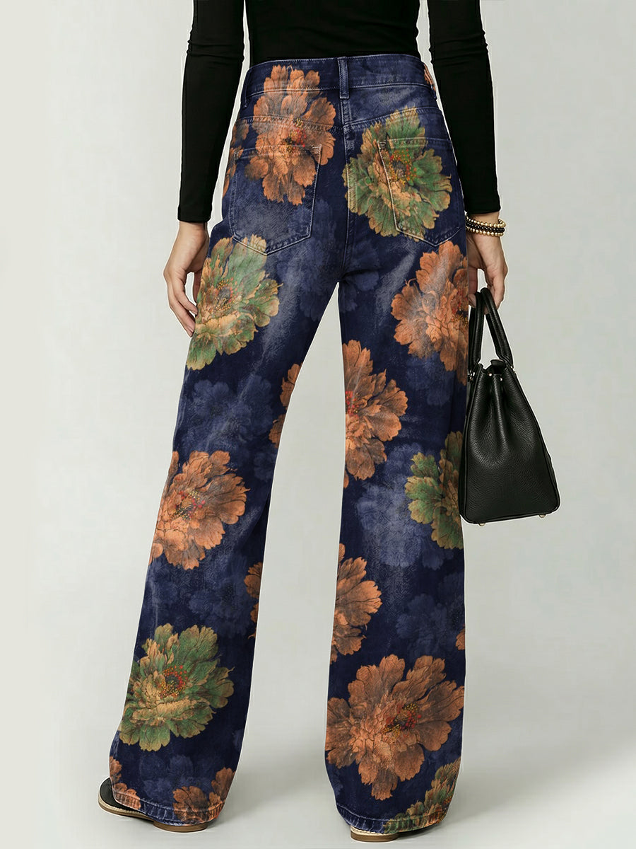 Retro Floral Decorative Pattern Women's Casual Denim Pants