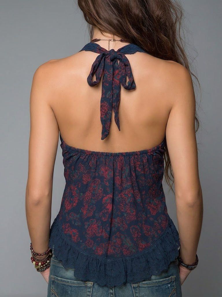 Boho Floral Print Lace Trim Halter Neck Ruched Cami Top