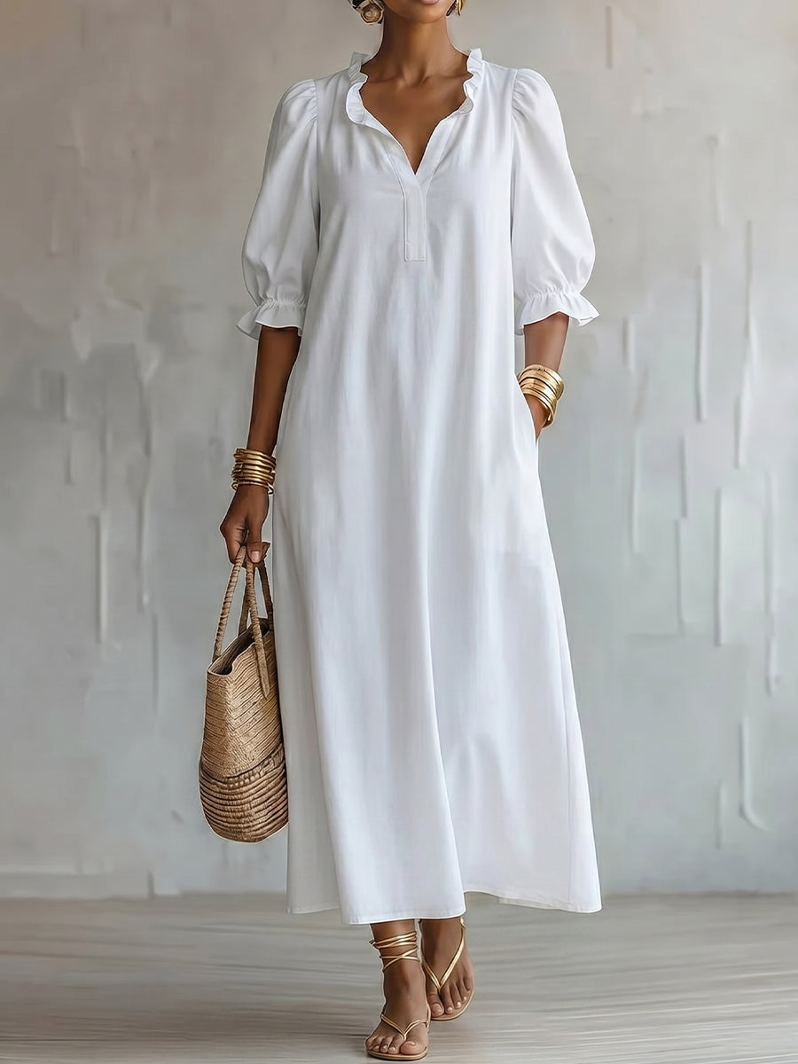 Women's V-neck 1/2-sleeve Ruffled Dress