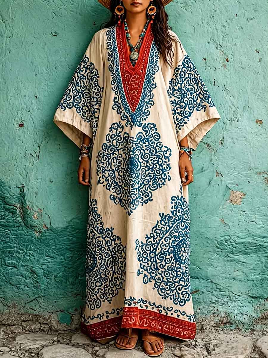Women's Vintage-print V-neck 3/4-sleeve Casual Loose Cotton-linen Dress