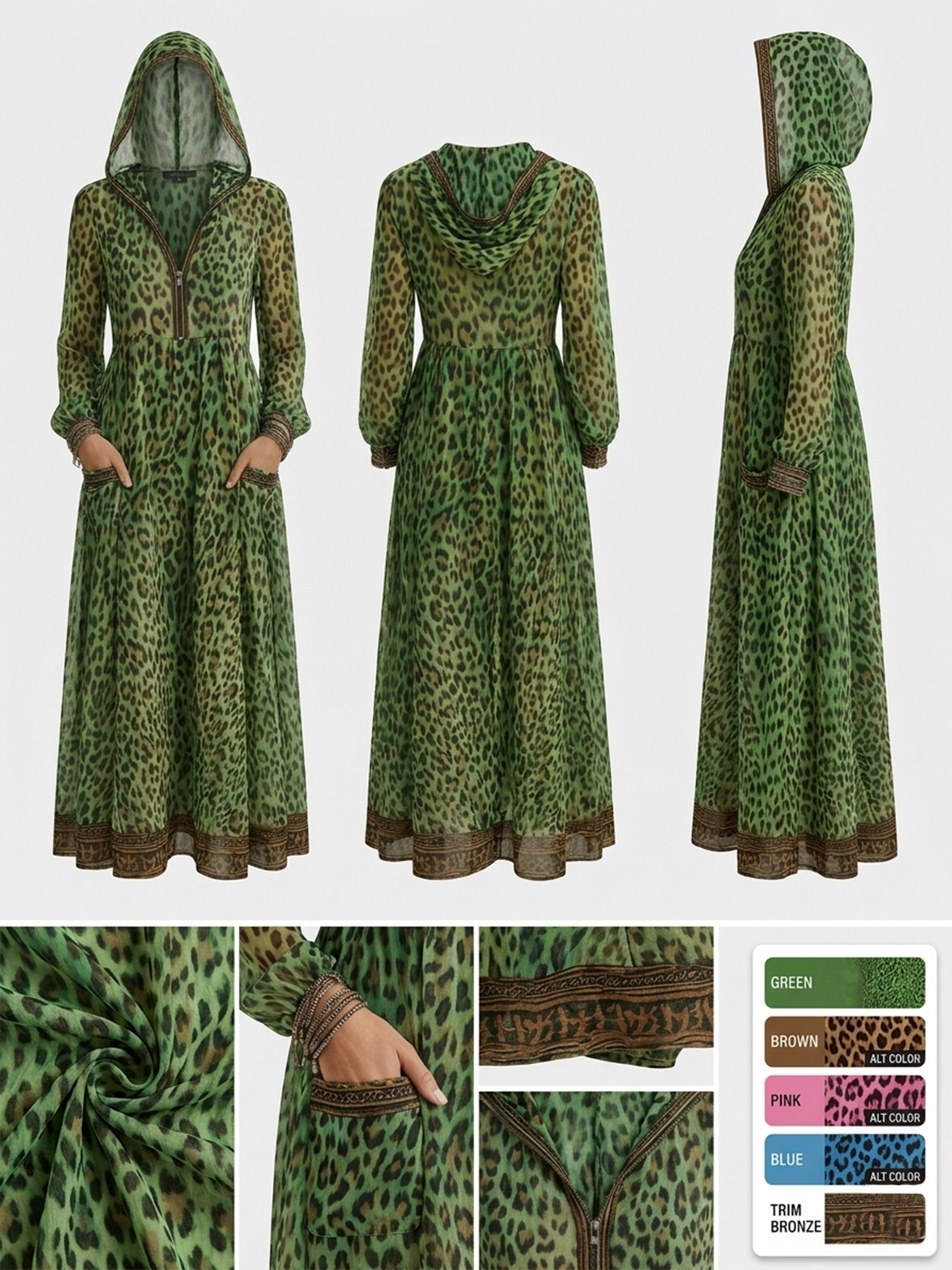 Women's Retro Casual Leopard Print Art Hooded Midi Dress