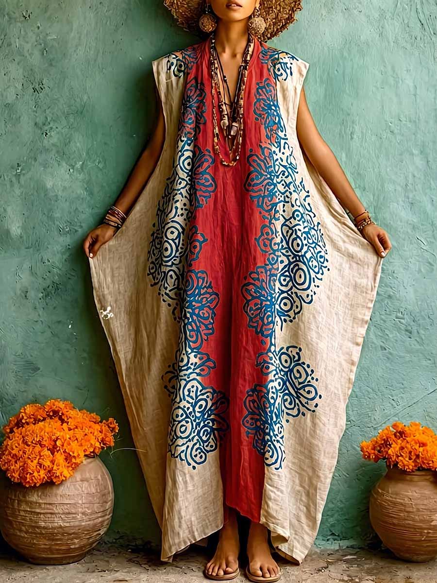 Women's Vintage-print V-neck Sleeveless Loose-fit Cotton-linen Casual Dress