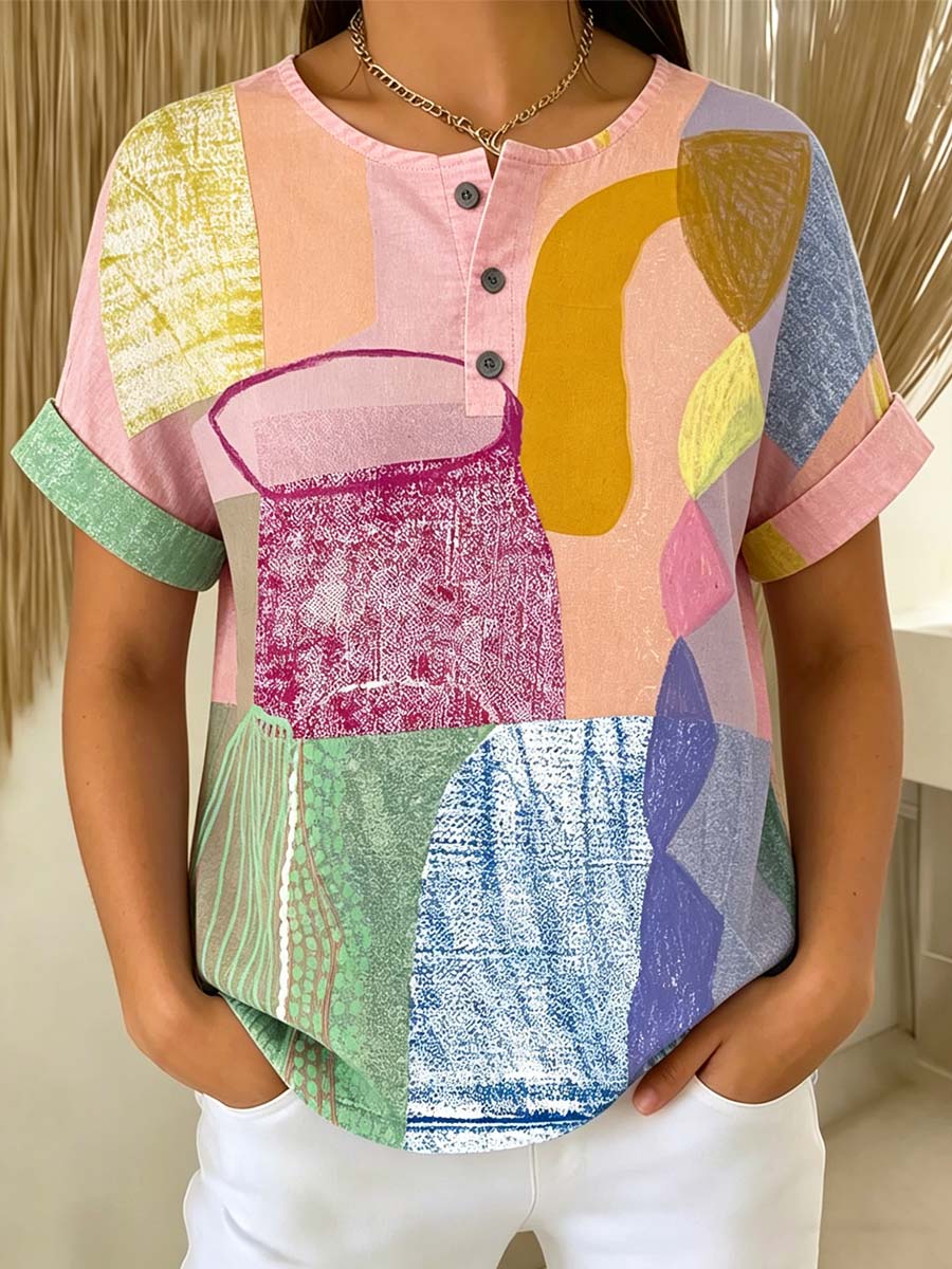 Women's Abstract Geometric Art Print Casual Short Sleeve Cotton Linen Shirt