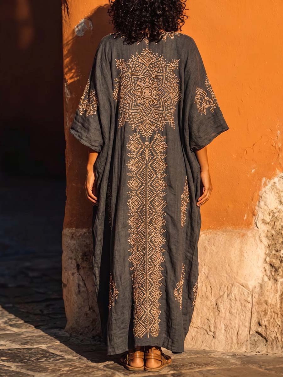 Women's Vintage-print V-neck 3/4-sleeve Casual Loose Cotton-linen Dress