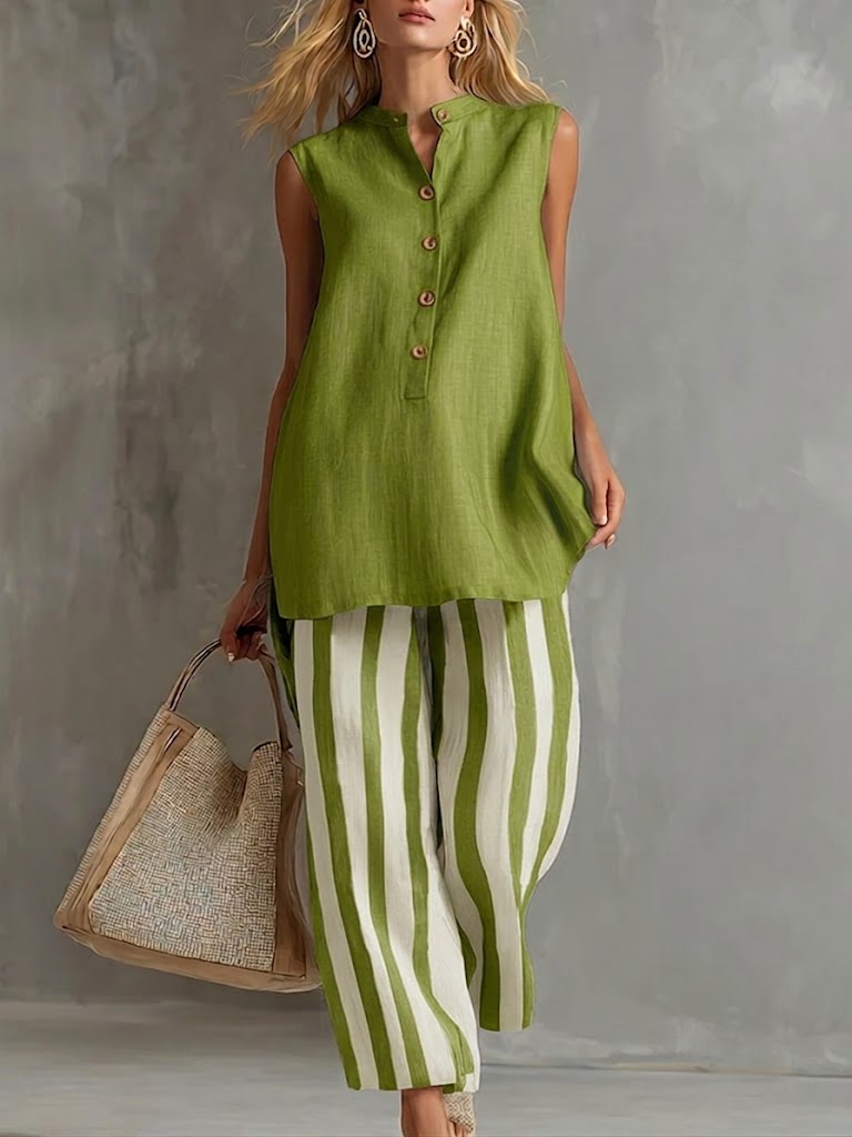Casual Sleeveless Linen-cotton Top And Striped Pants Two-piece Set