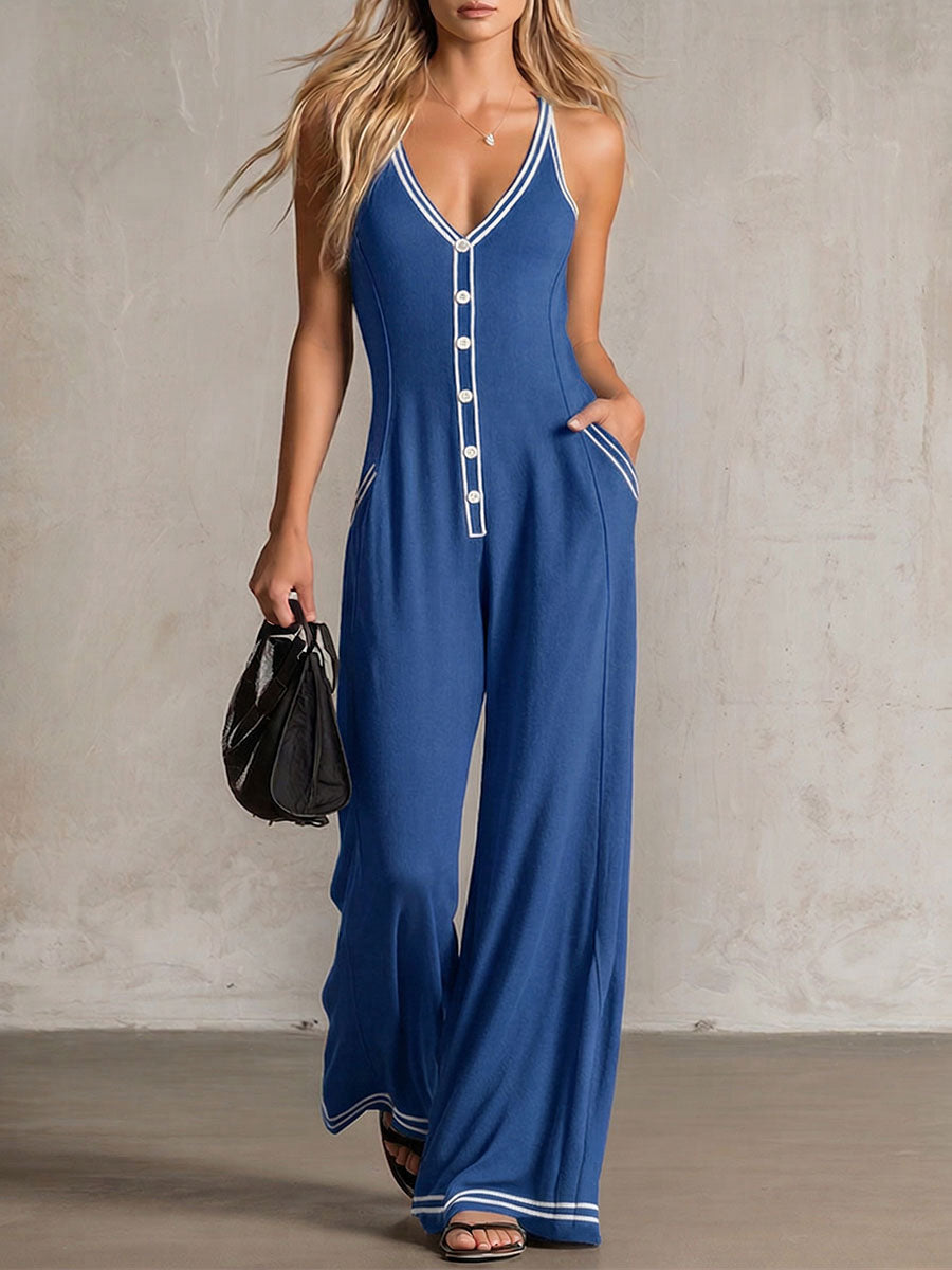 Women's V-neck Casual Loose Cotton Spaghetti Strap Wide-leg Jumpsuit