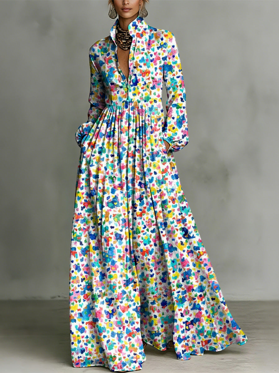 Fun Colorful Polka Dot Decorative Pattern Women's Long Sleeve Shirt Collar Dress