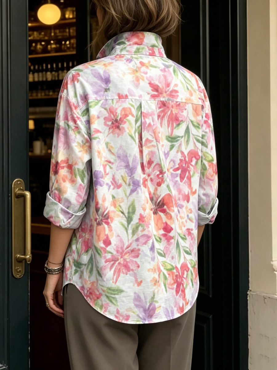 Artistic Watercolor Floral Print Metal-button Shirt