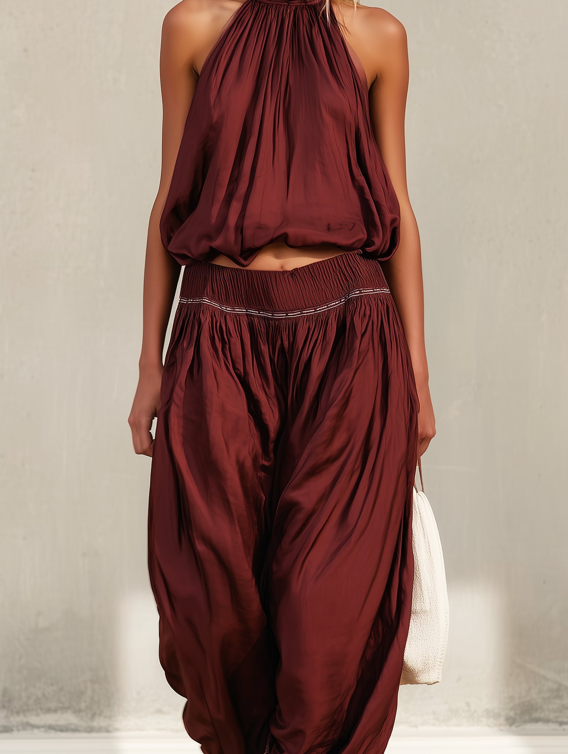 Halter Top + Elastic-waist Harem Pants Set