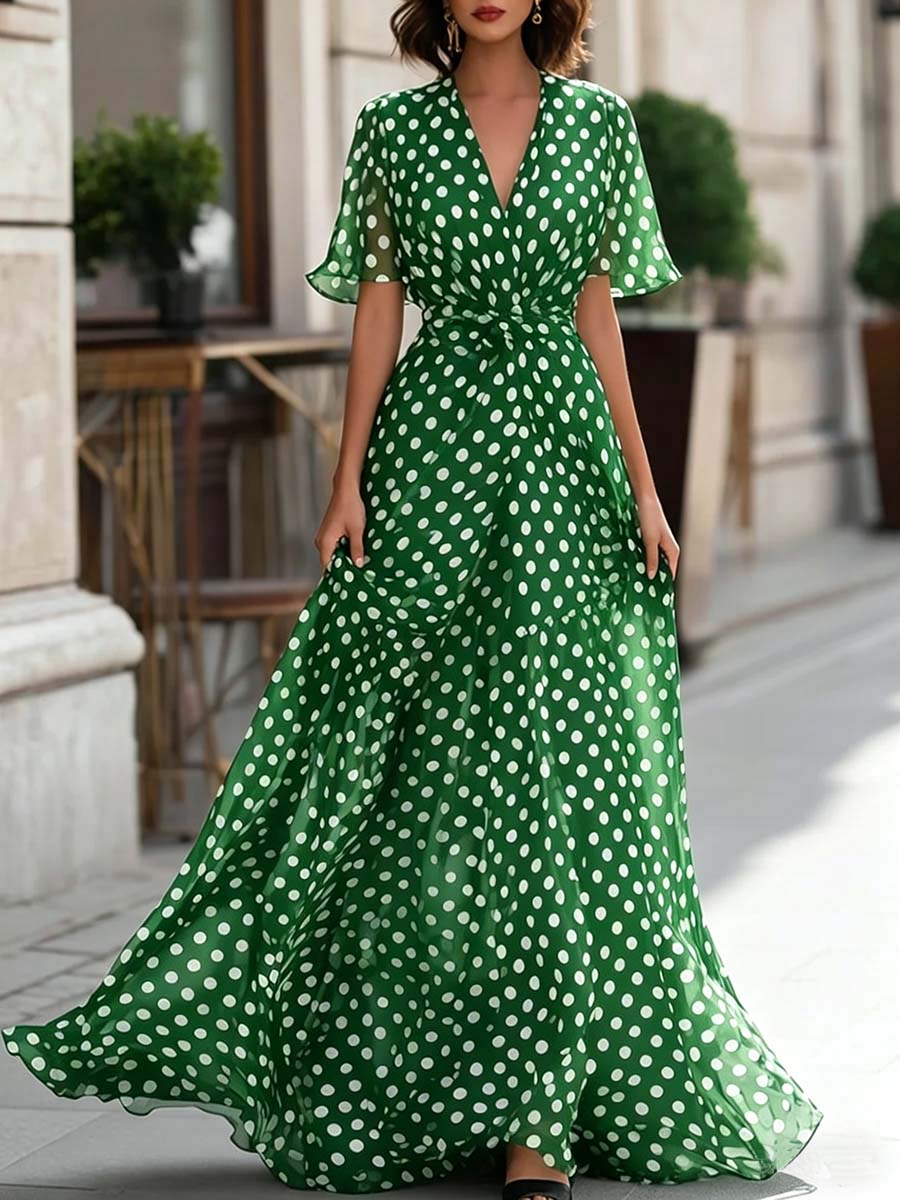 Women's Polka Dot Print V-neck Short-sleeve Casual Loose Chiffon Dress