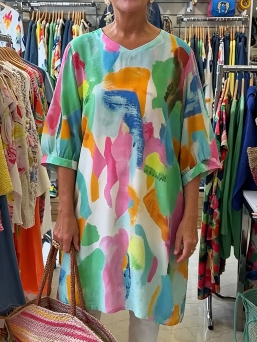 Artistic Watercolor Print V-neck Cotton-linen Long Shirt