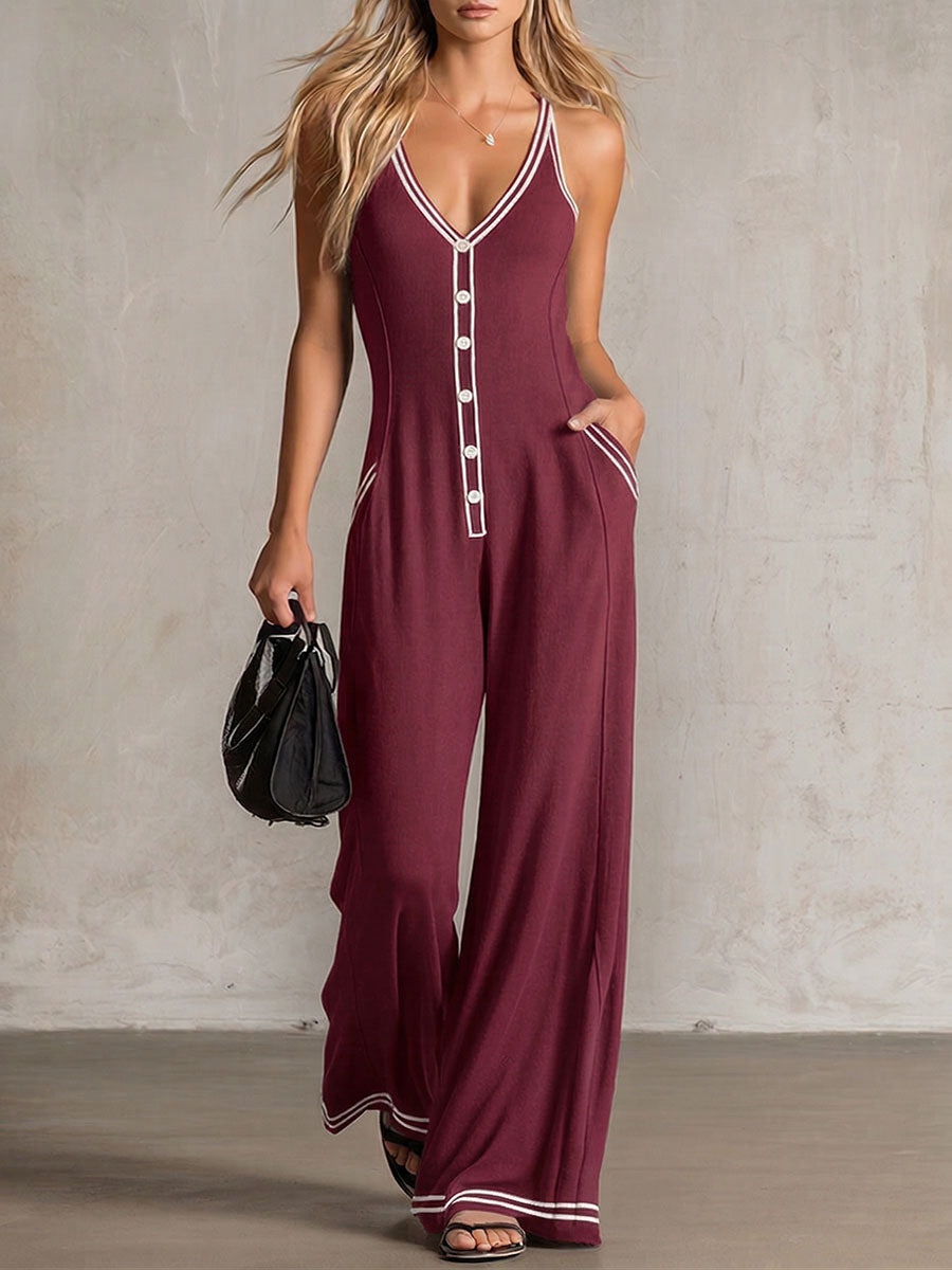 Women's V-neck Casual Loose Cotton Spaghetti Strap Wide-leg Jumpsuit