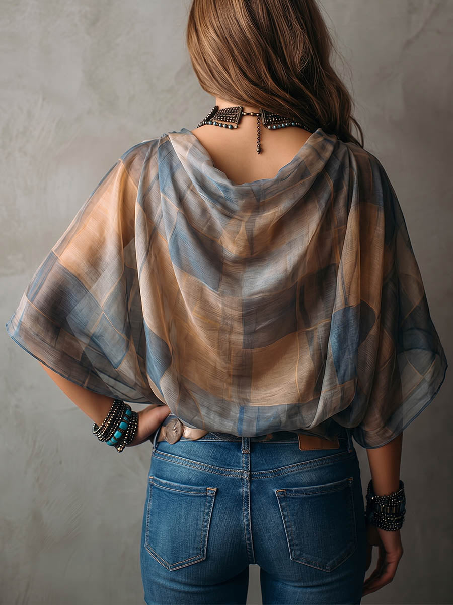 Women's Plaid Print Cowl Neck 3/4-sleeve Casual Loose Top