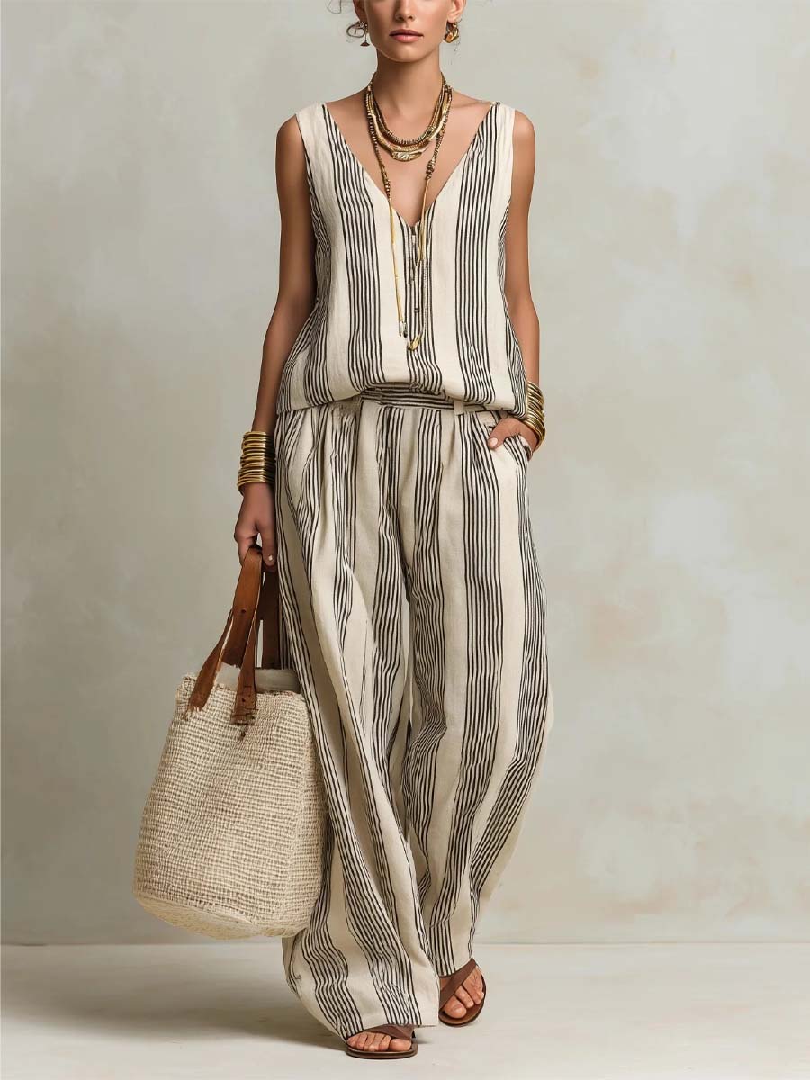 Women's Retro Striped Stylish Casual V Collar Top And Pants Cotton Linen Suits