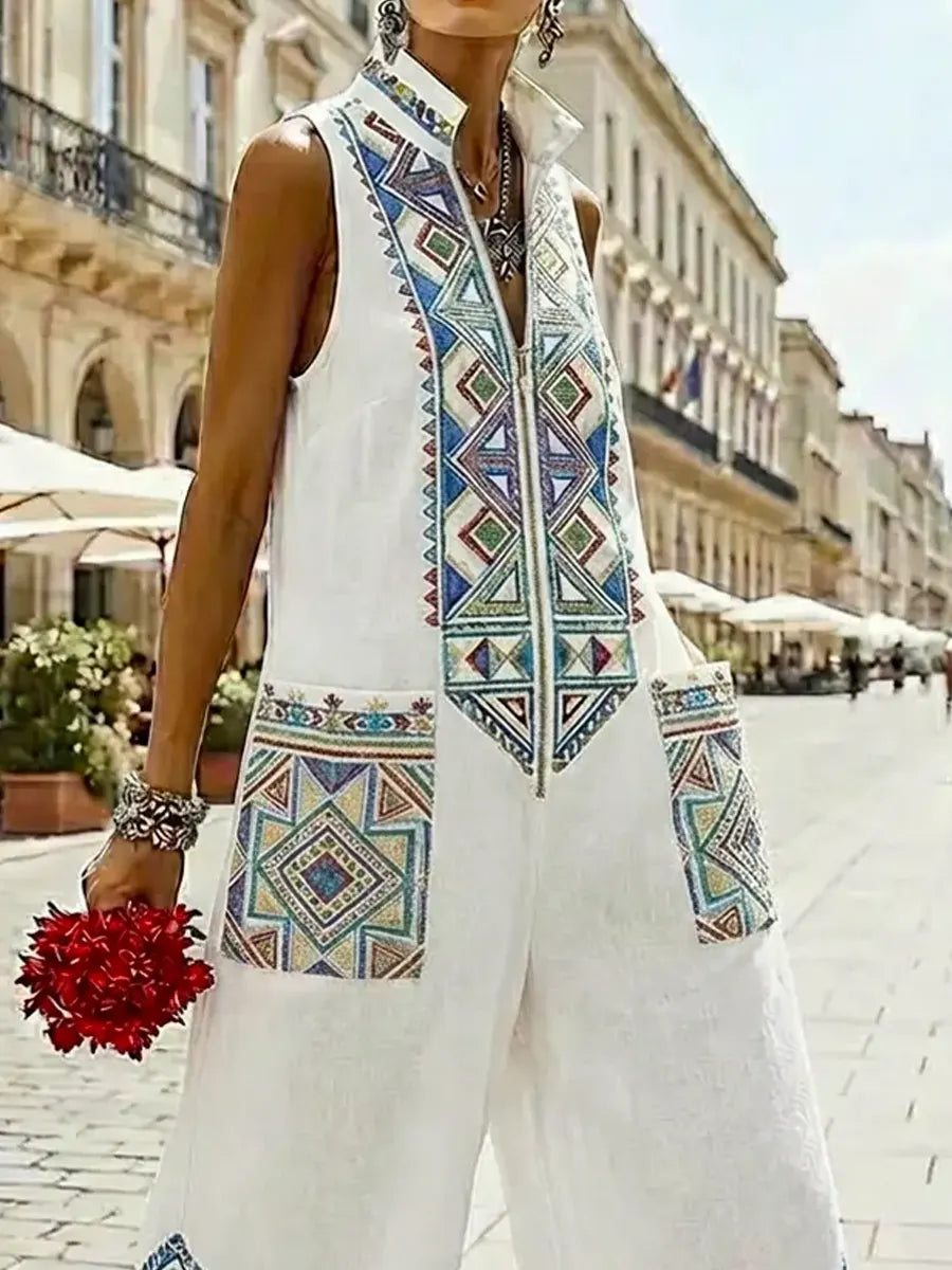 Women's Retro Ethnic Art Casual Zip Cotton Linen Jumpsuit