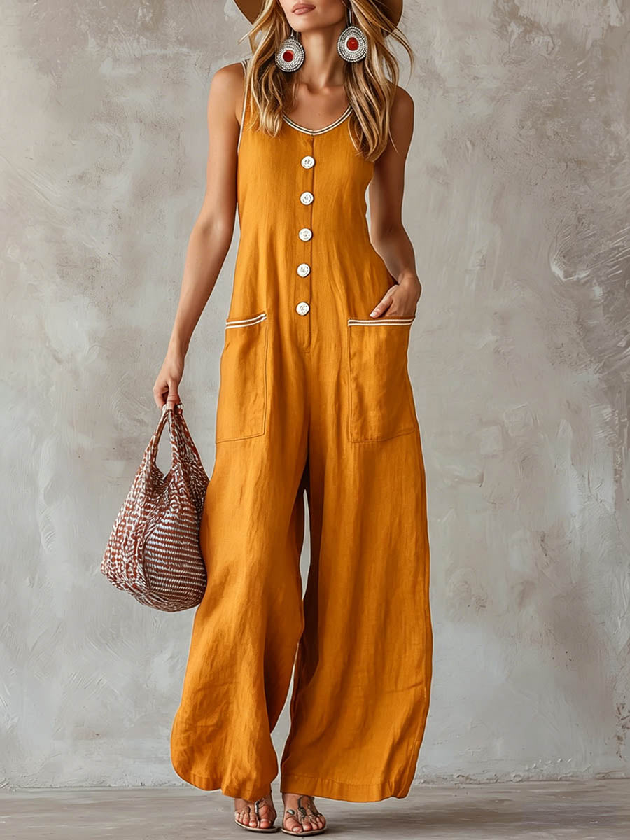 Women's Solid-color Round-neck Sleeveless Casual Loose Cotton-linen Wide-leg Jumpsuit