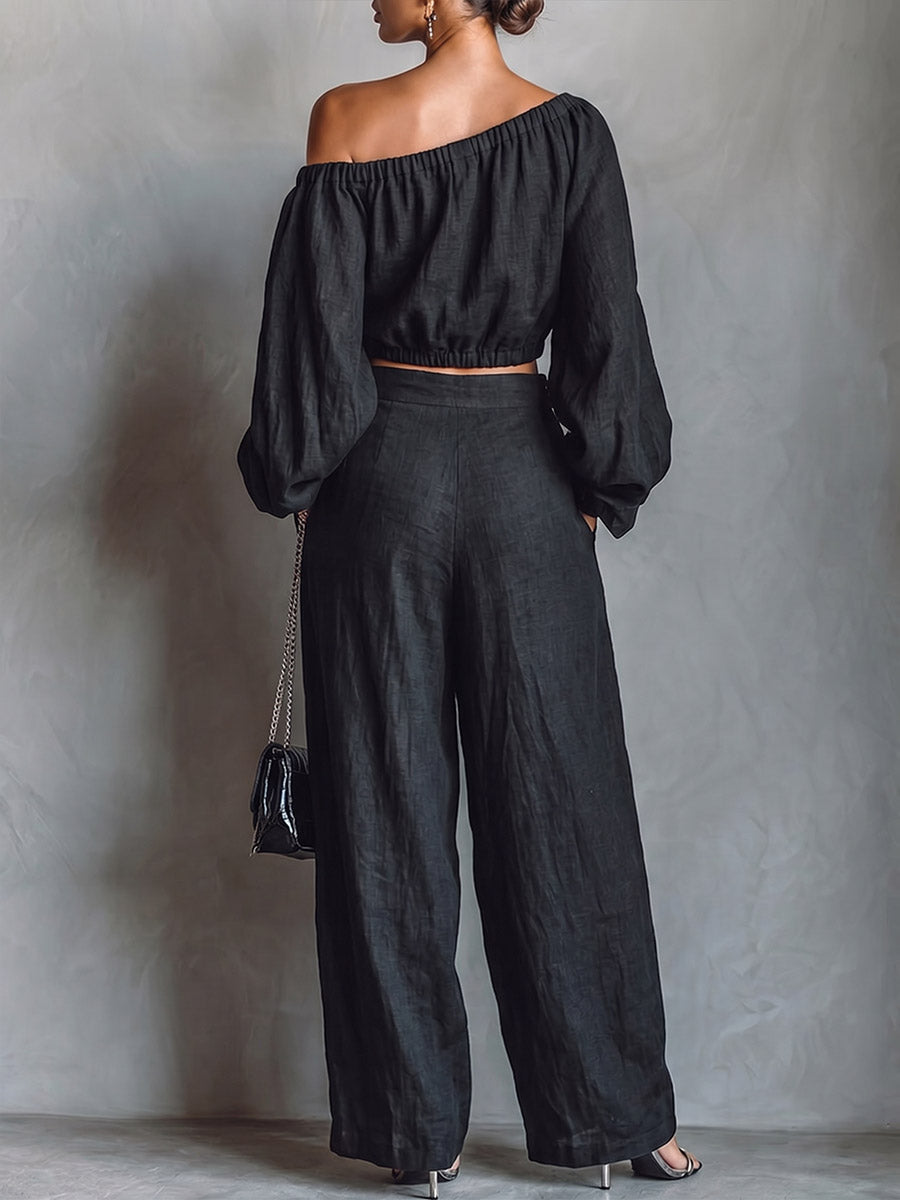 Women's Solid-color Off-shoulder Long-sleeve Casual Loose Cotton-linen Top & High-waisted Wide-leg Pants Set