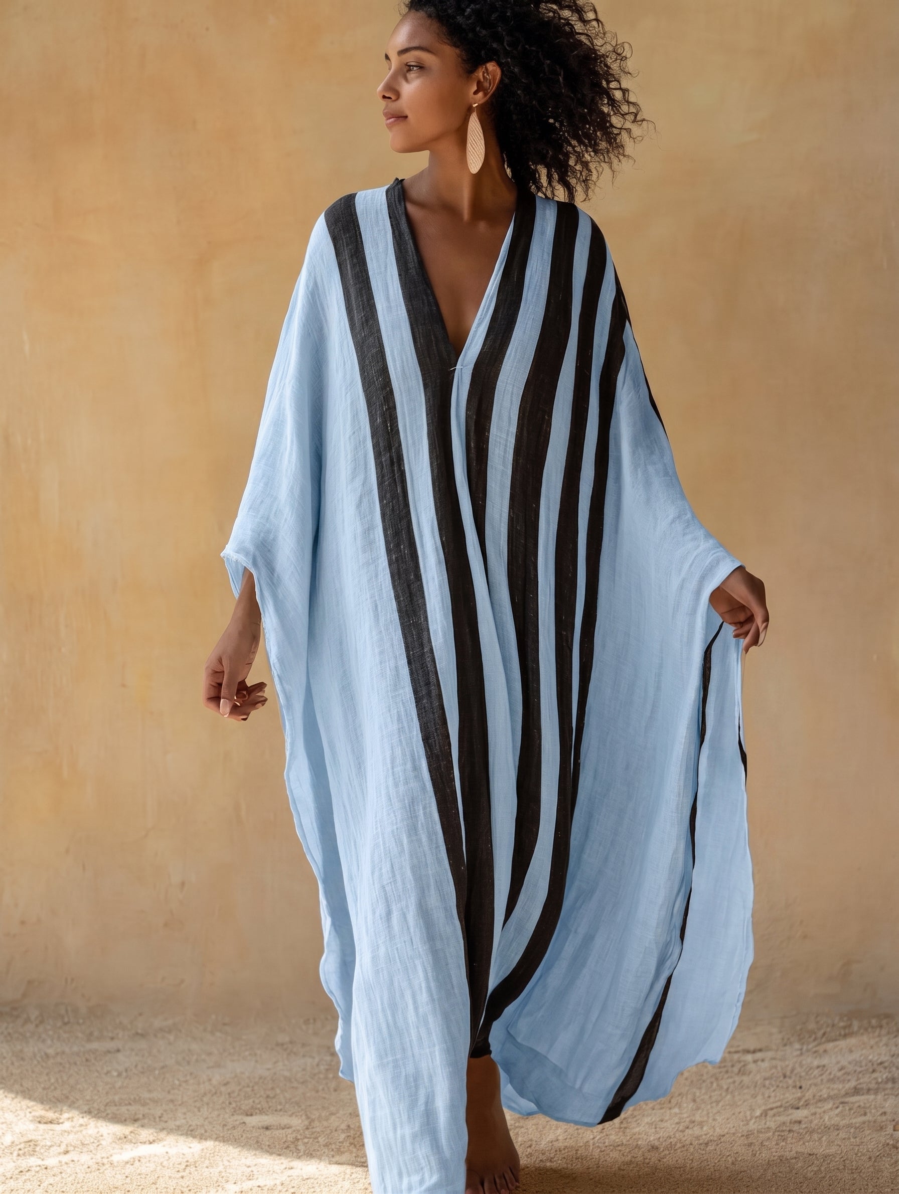 Boho Vacation Striped Print Loose Cotton-linen Maxi Dress
