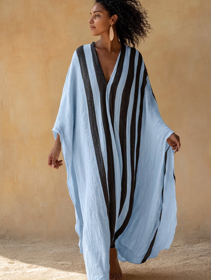 Boho Vacation Striped Print Loose Cotton-linen Maxi Dress