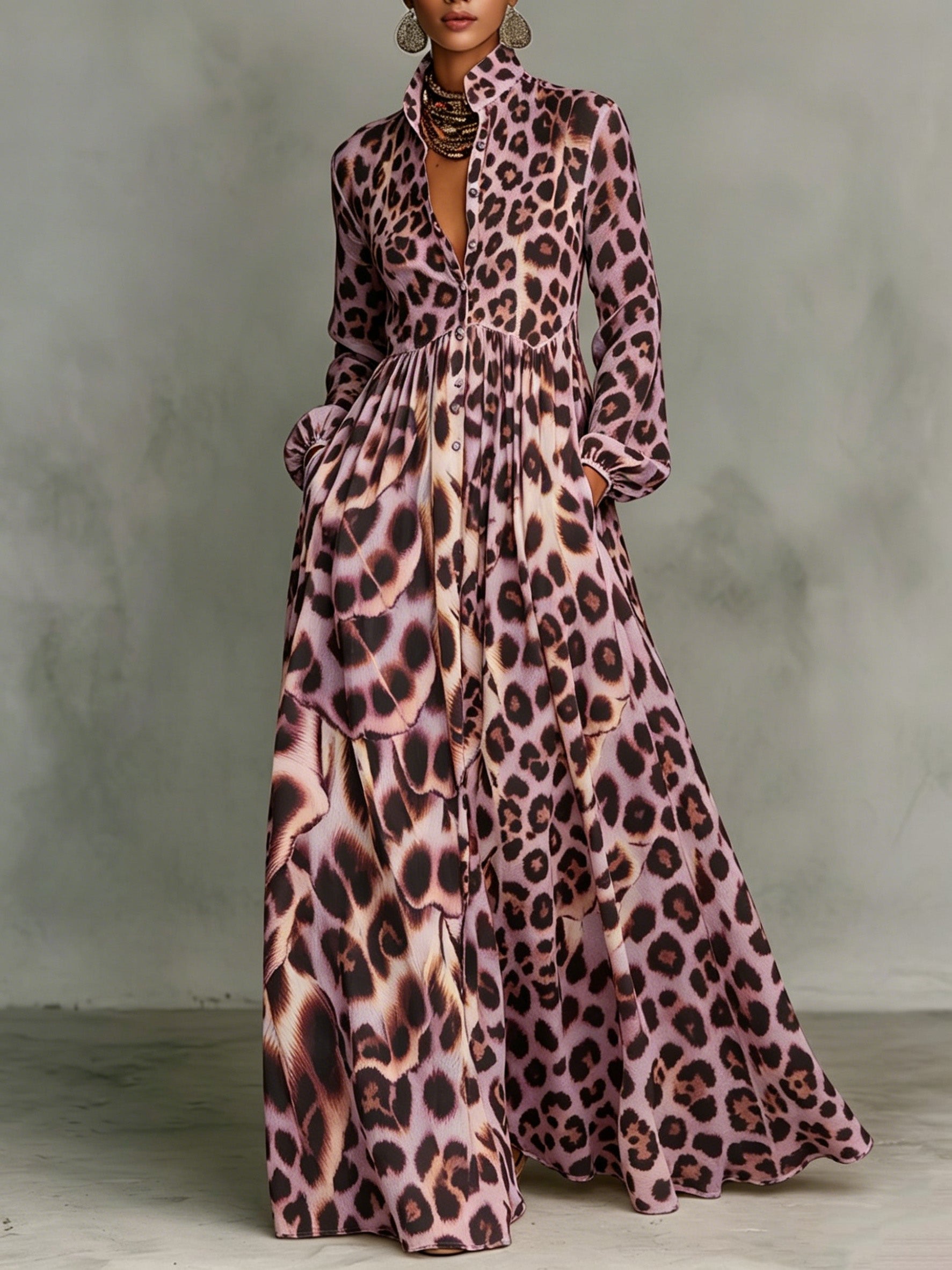 Classic Leopard Print Color-block Dress — Featuring A Turn-down Collar, Cinched Waist, And Flared Skirt