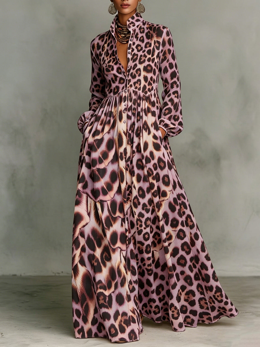 Classic Leopard Print Color-block Dress — Featuring A Turn-down Collar, Cinched Waist, And Flared Skirt
