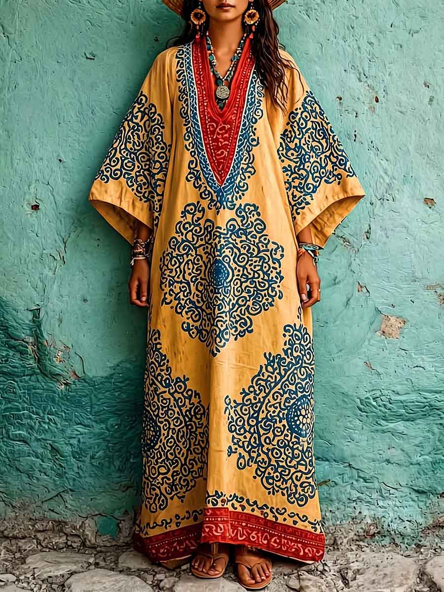 Women's Vintage-print V-neck 3/4-sleeve Casual Loose Cotton-linen Dress