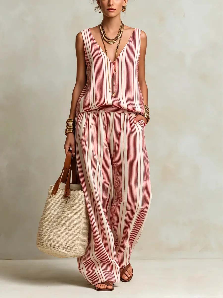 Women's Retro Striped Stylish Casual V Collar Top And Pants Cotton Linen Suits