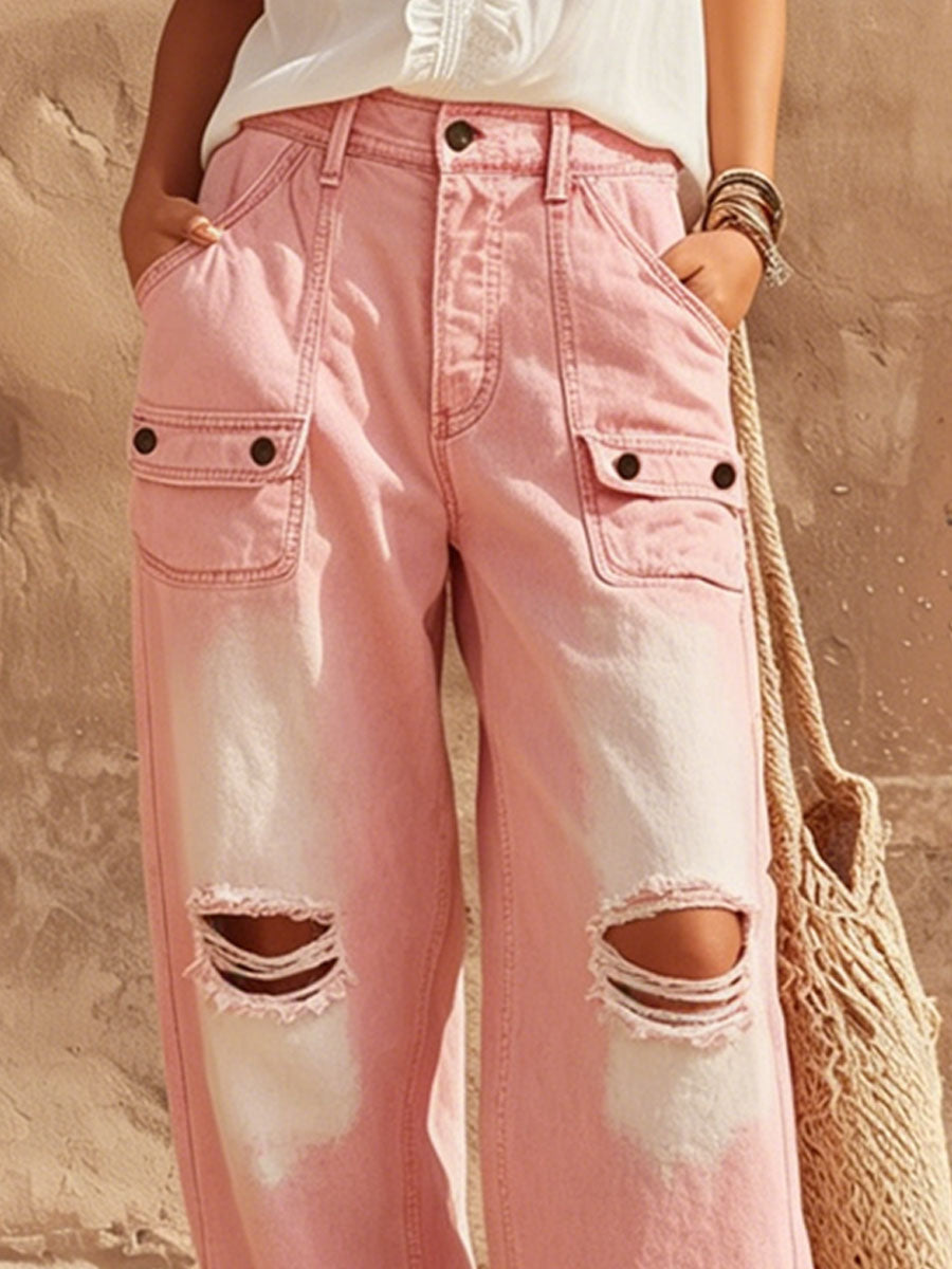 Washed Ombré Distressed Wide-leg Cargo Jeans