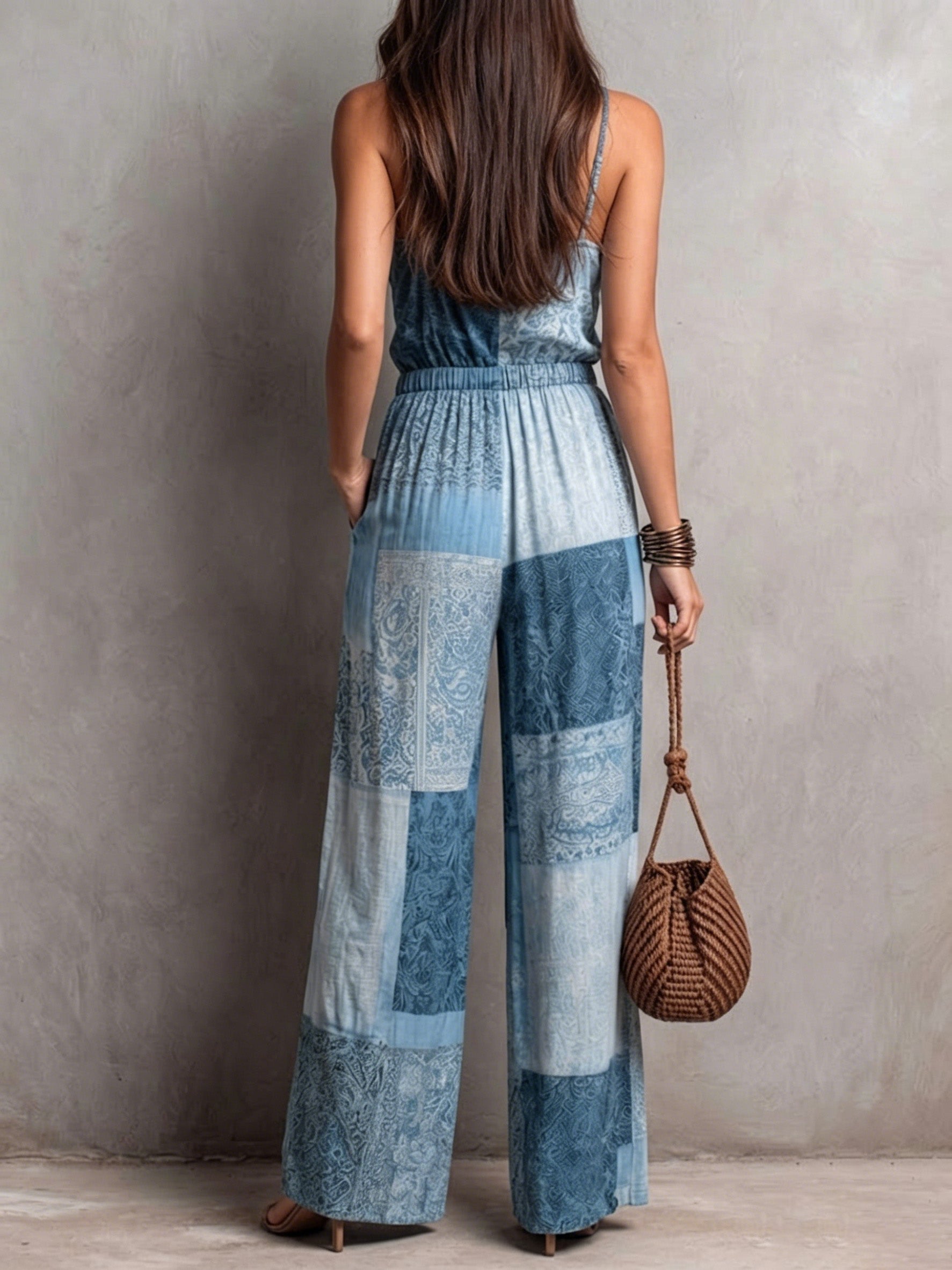 Patchwork Print Spaghetti Strap Drawstring Waist Wide Leg Jumpsuit