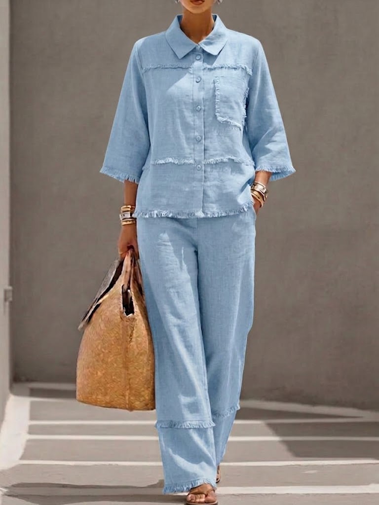 Casual Frayed-hem Linen And Cotton Shirt And Pants Two-piece Set