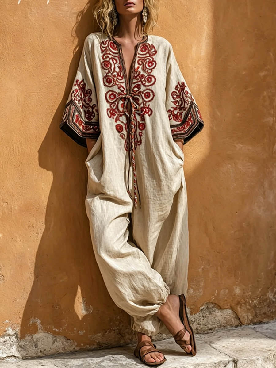 Women's V-neck 3/4-sleeve Casual Loose Cotton-linen Jumpsuit With Placement Print