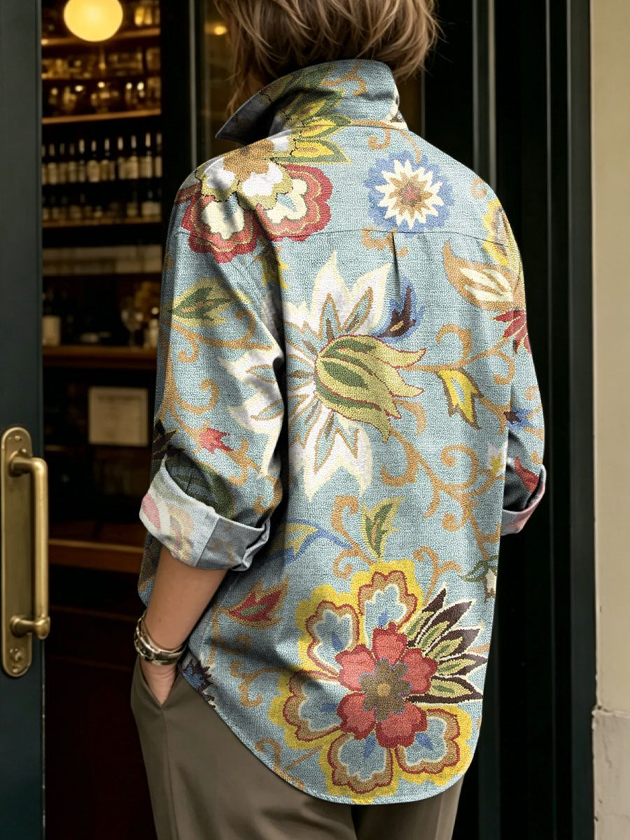 Women's Artistic Floral Print Metal-button Shirt