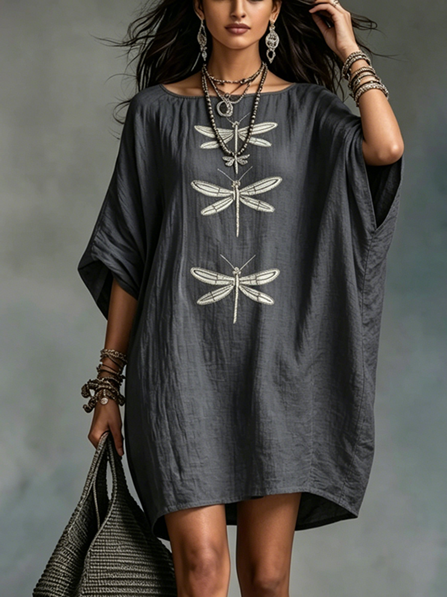 Bohemian-Style  Dragonfly Print Cotton-Linen Dress