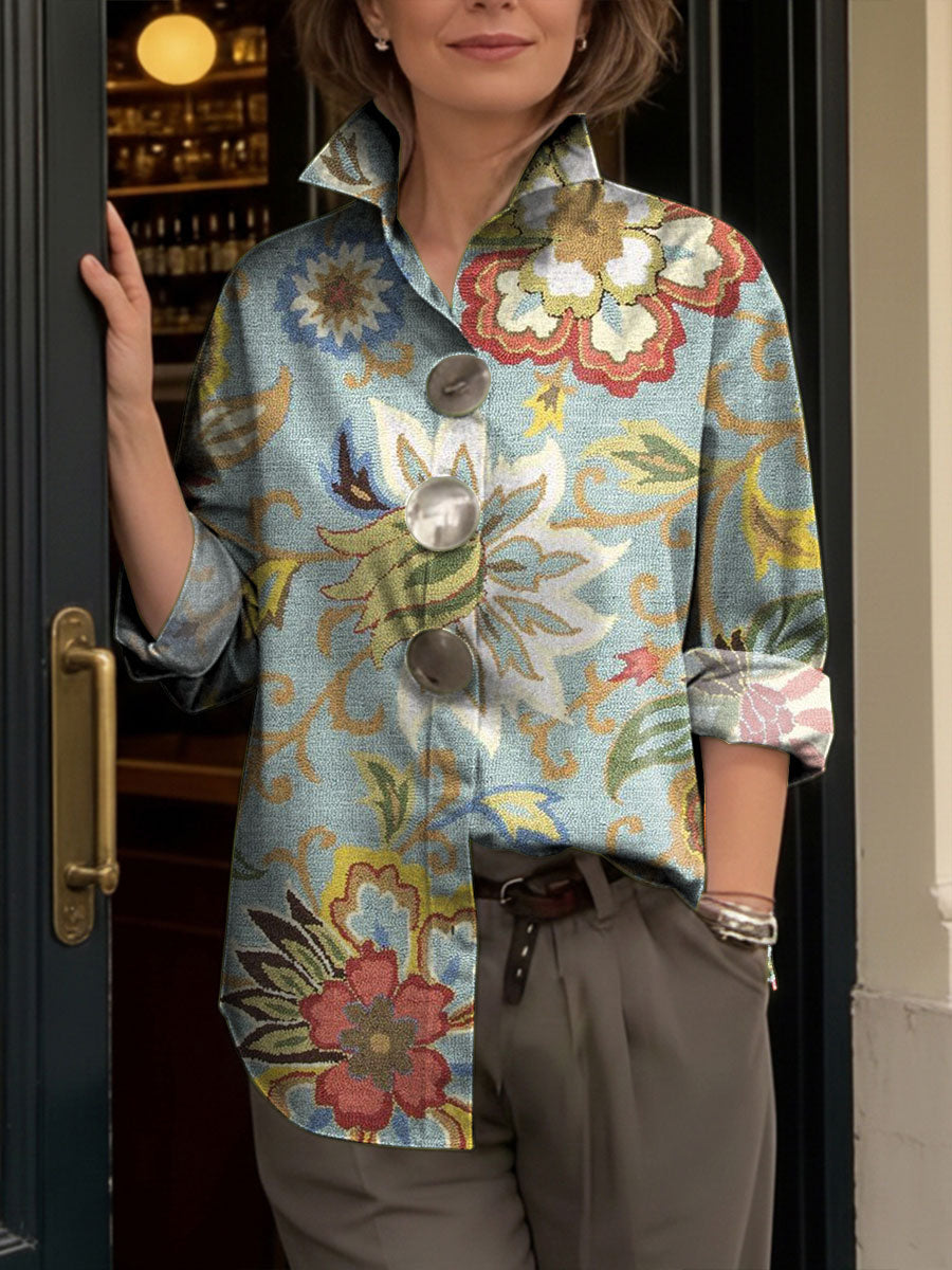 Women's Artistic Floral Print Metal-button Shirt