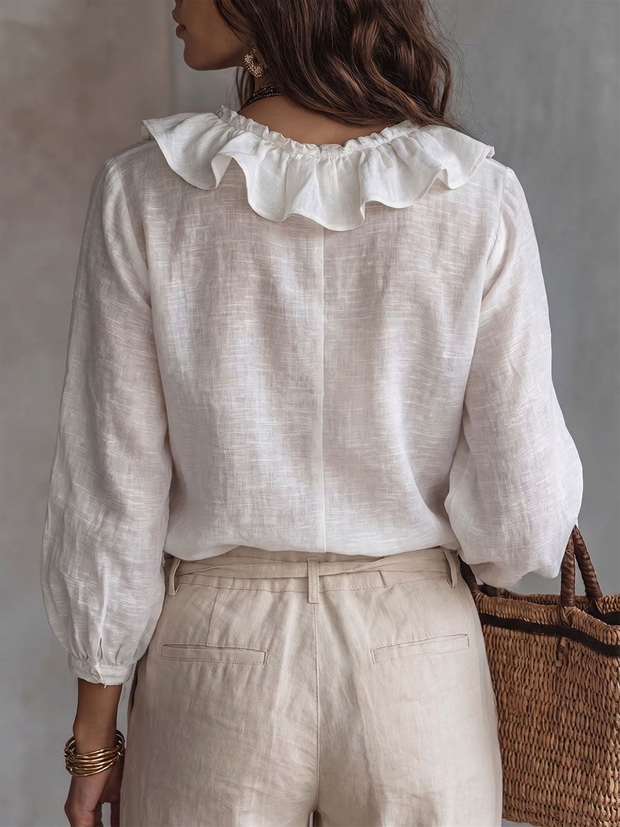 Women's Ruffled V-neck Long-sleeve Casual Loose Cotton-linen Top