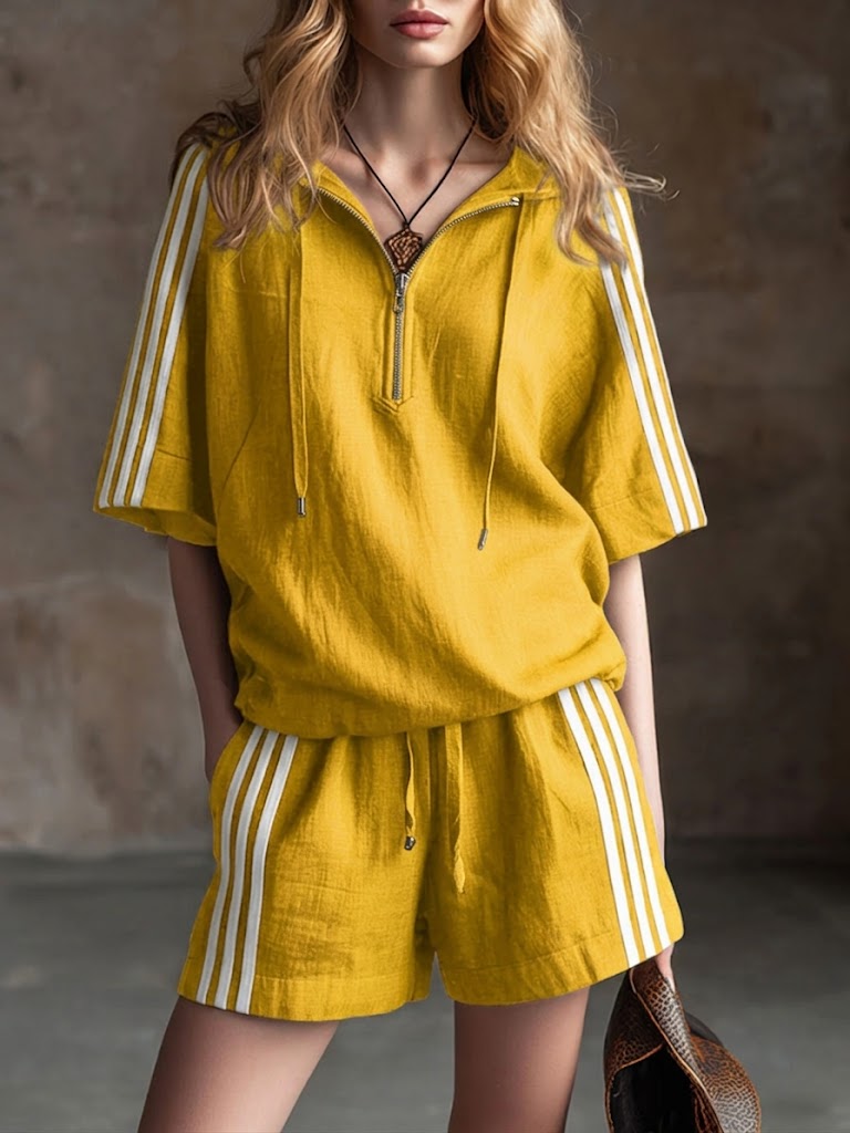 Casual Color-block Striped Half-zip Hooded Linen-cotton Top And Shorts Two-piece Set