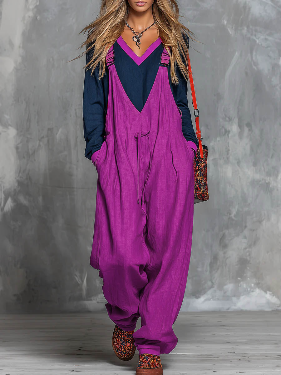 Women's Color-block Patchwork Round Neck Long-sleeved Casual Loose Top And Cotton And Linen Suspender Wide-leg Jumpsuit Set.