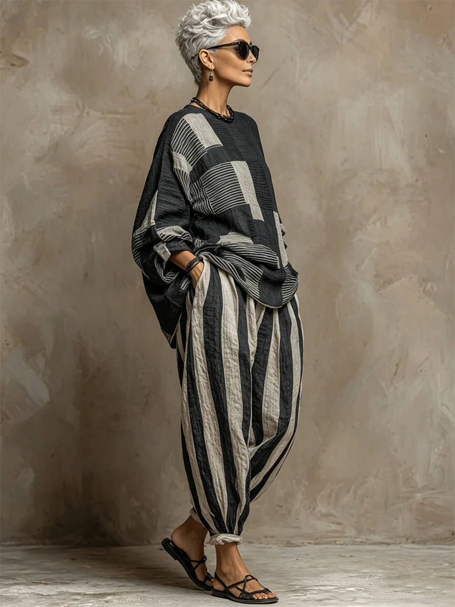 Artistic Stripe Print Cotton-linen Two-piece Set
