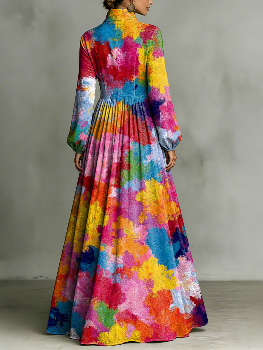 Elegant Colorful Decorative Patterns Women's Long Sleeve Shirt Collar Dress
