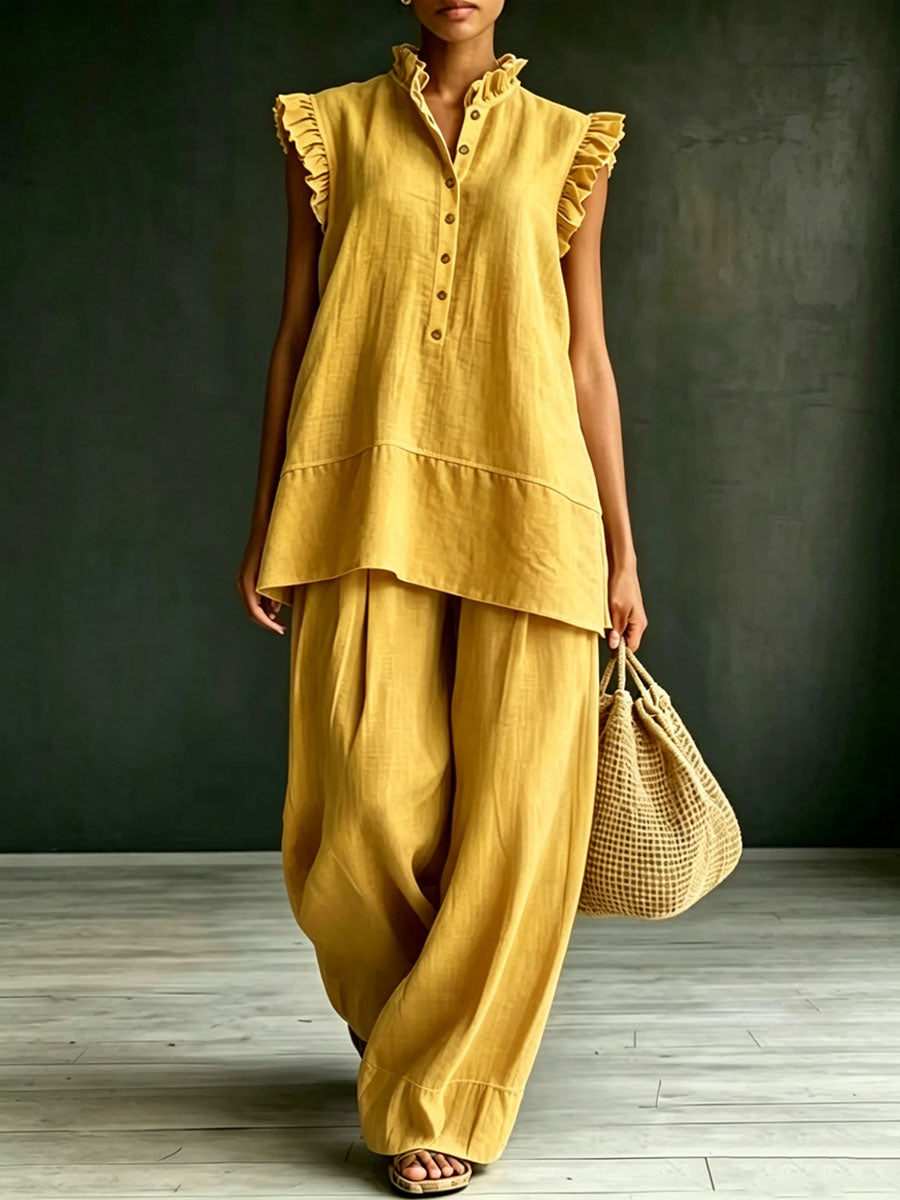 Women's Stand-collar Ruffled Sleeveless Vest And Wide-leg Trousers Set
