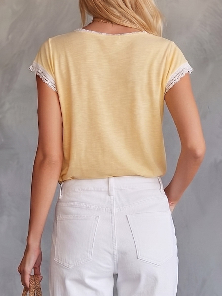 Women's V-neck Short-sleeve Casual Loose Cotton-linen Top With Lace Trim
