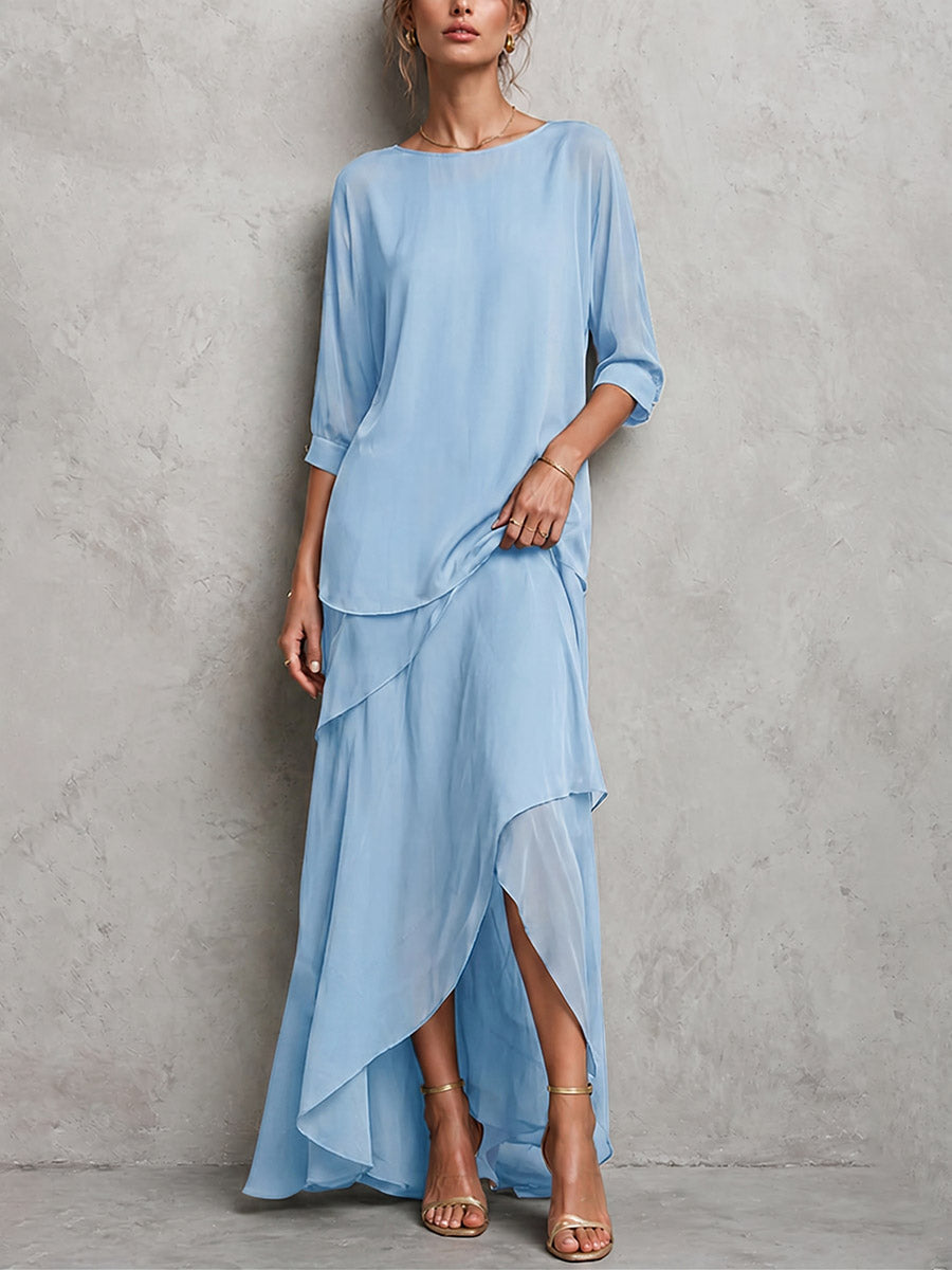Women's Solid-color Round-neck 3/4-sleeve Loose Casual Top & High-waisted A-line Skirt Set