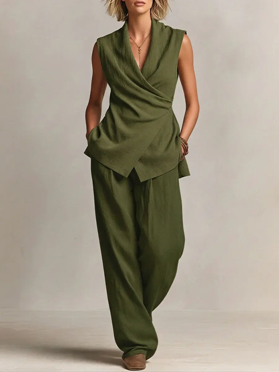 Women's Casual Cotton And Linen Sleeveless Vest With Wide-leg Pants Set