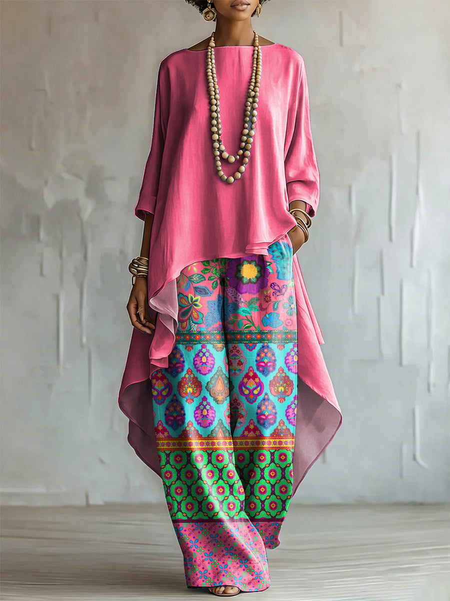 Loose Cotton-linen Top + Ethnic-style Floral Wide-leg Pants Set