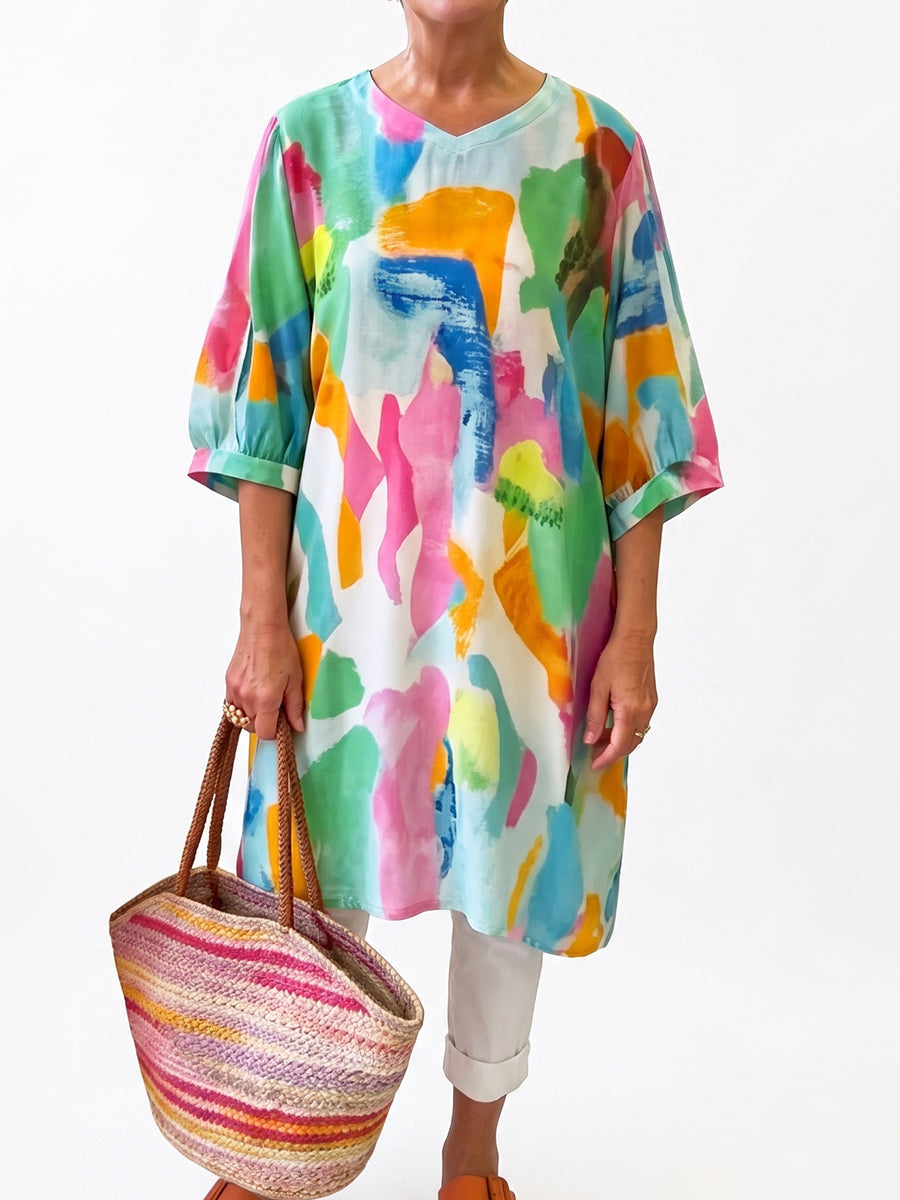 Artistic Watercolor Print V-neck Cotton-linen Long Shirt